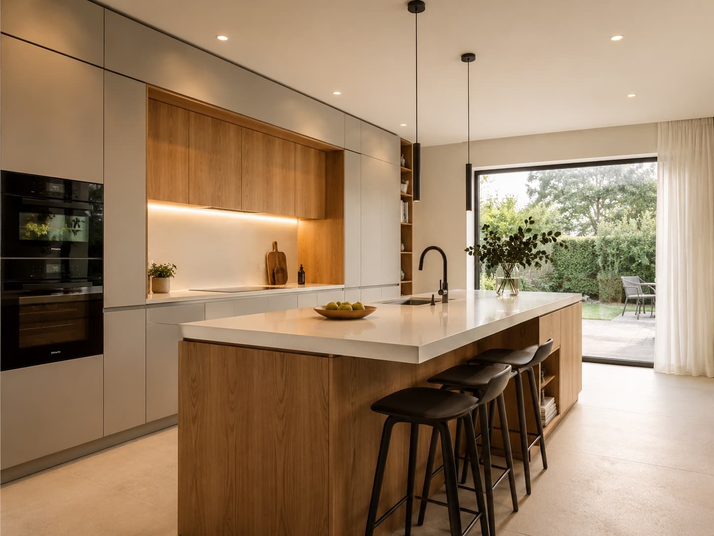 Cuisine sur mesure contemporaine avec îlot central dans une maison luxembourgeoise