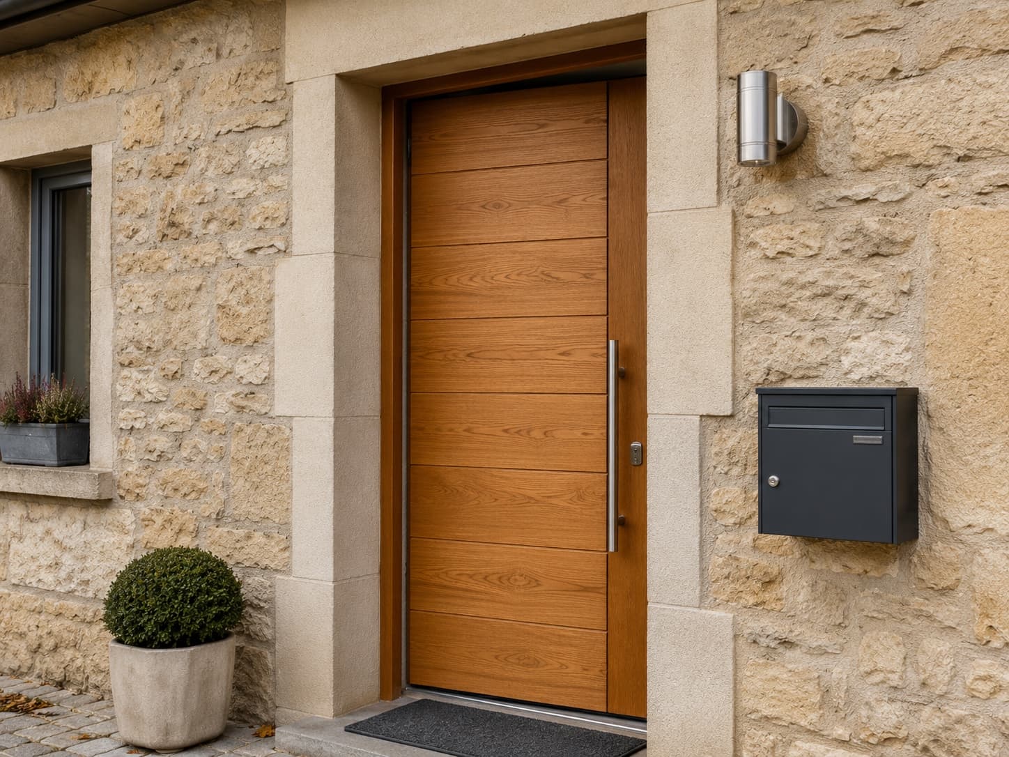 Porte d'entrée en chêne massif sur façade en pierre