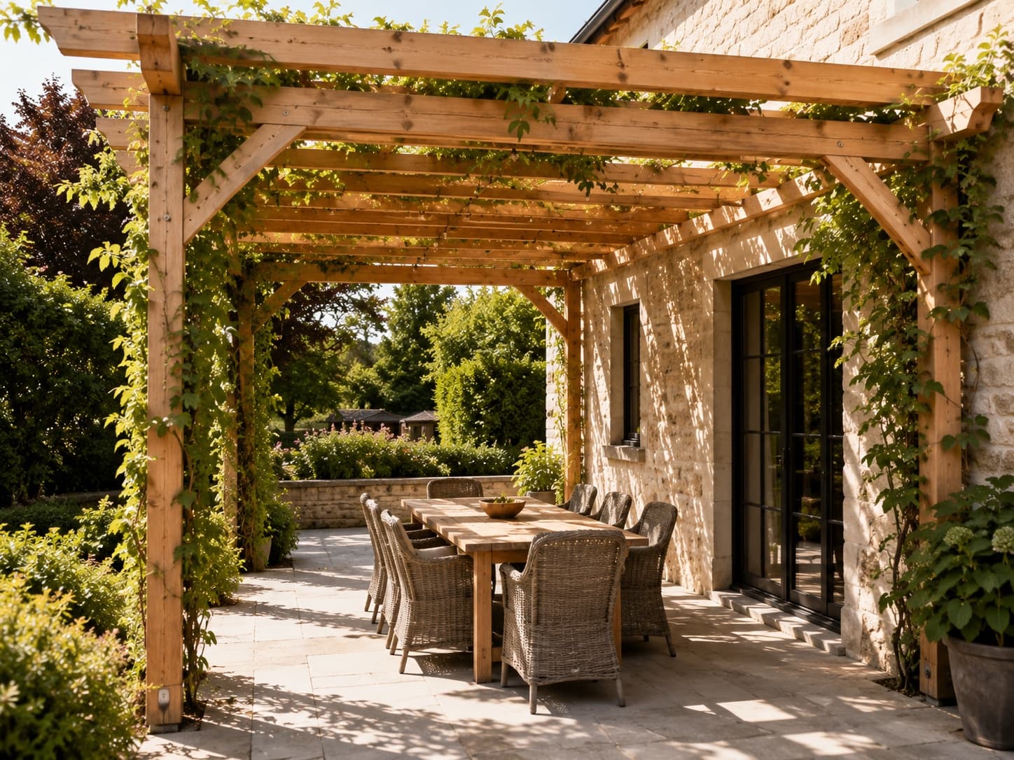 Pergola en bois adossée avec table de jardin en dessous