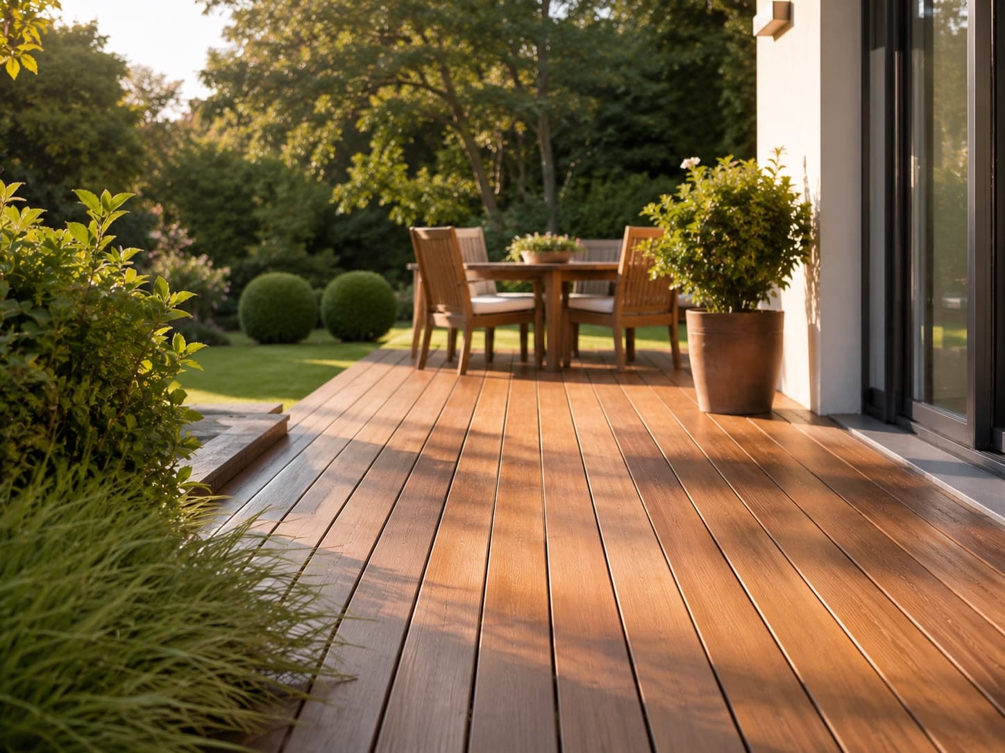 Terrasse en bois exotique avec mobilier de jardin et végétation