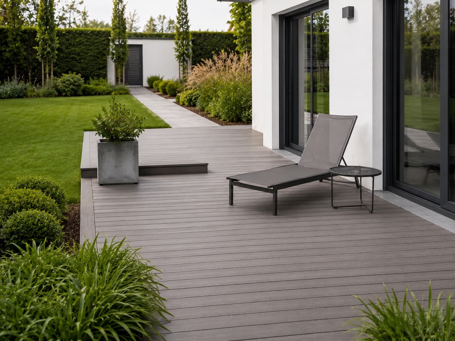 Terrasse en lames composites grises dans un jardin contemporain