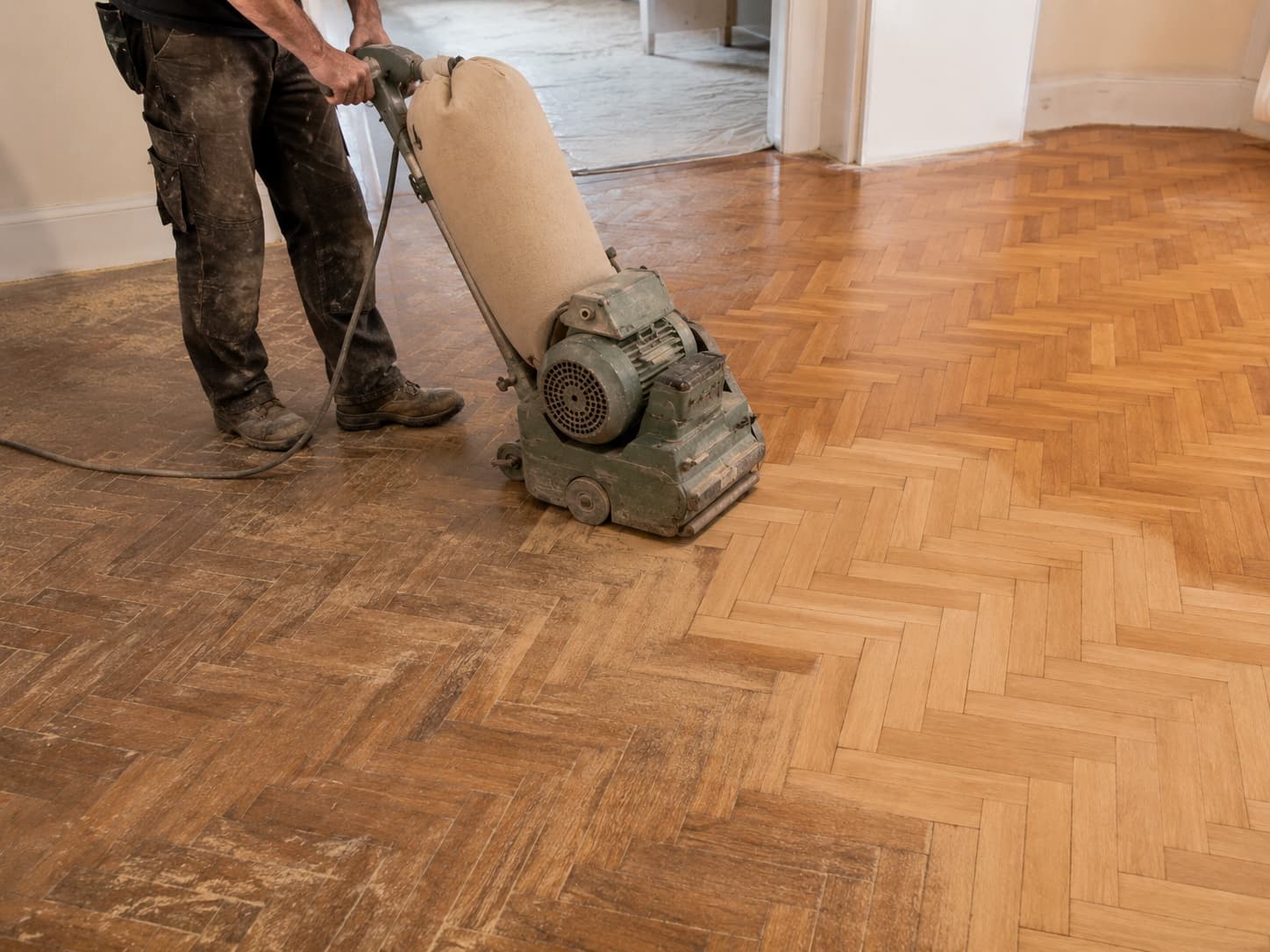 Ponçage d'un parquet ancien en chêne dans une maison luxembourgeoise