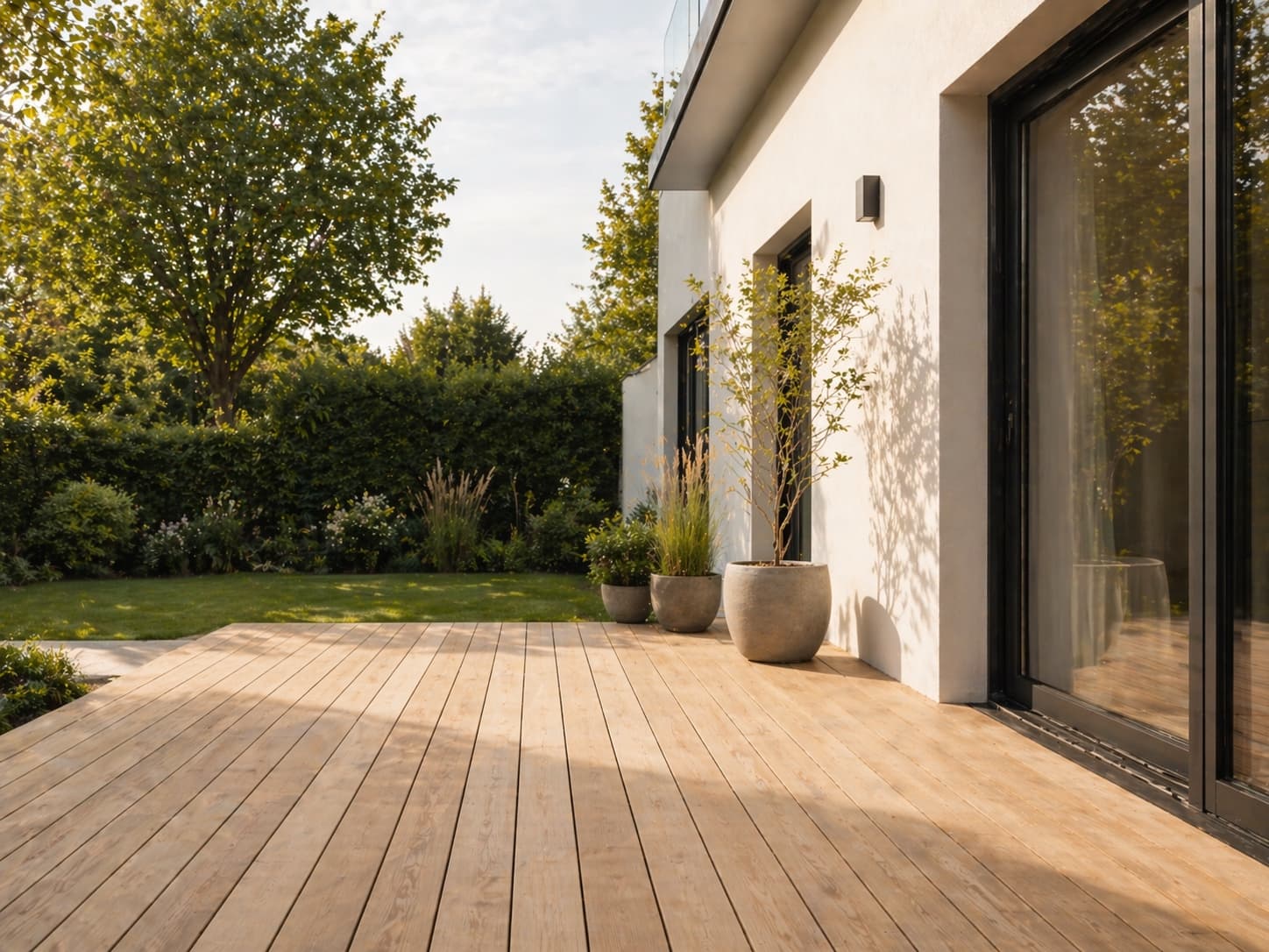 Terrasse en bois avec pergola dans un jardin luxembourgeois