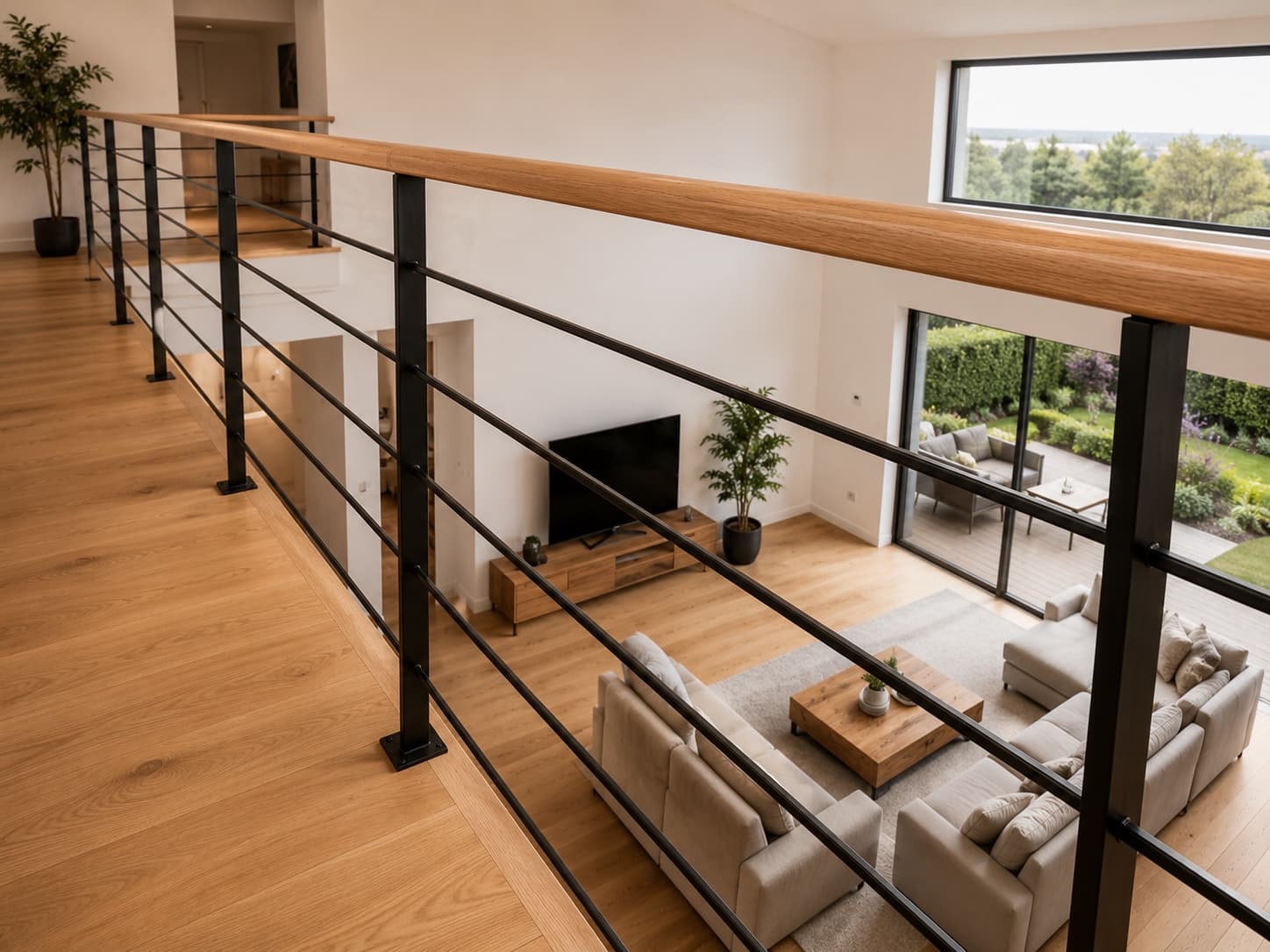 Rambarde de mezzanine acier et chêne en surplomb du séjour