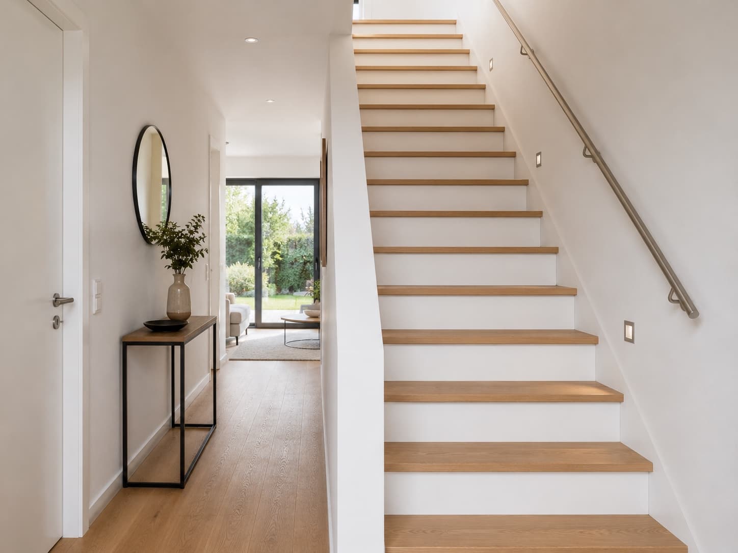 Escalier droit en chêne avec marches blanches et rampe métallique