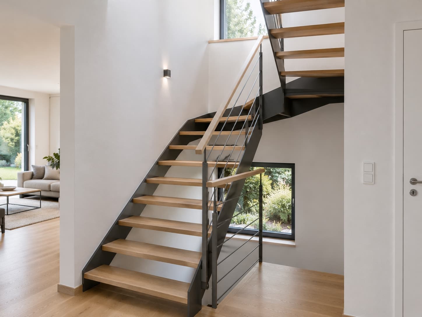 Escalier quart tournant en chêne et structure acier